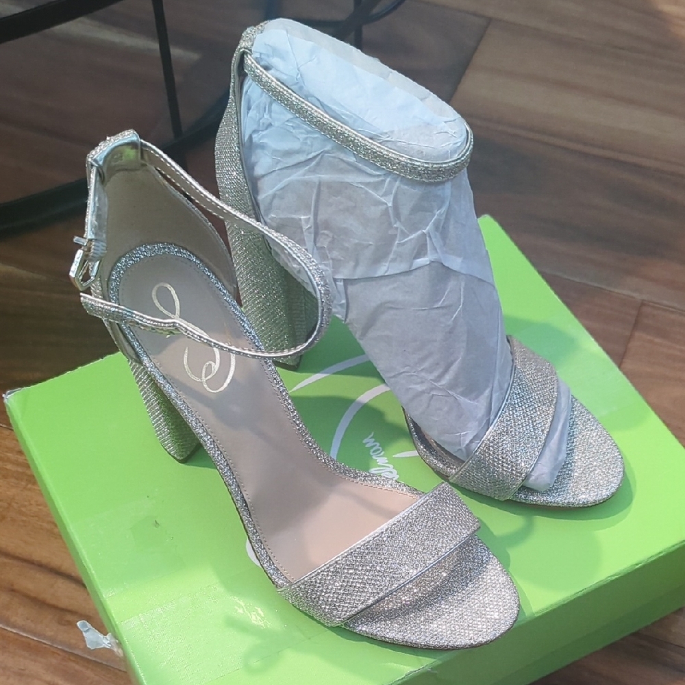 Sam Edelman Silver Glitter Ankle-Strap Block Heel Sandals